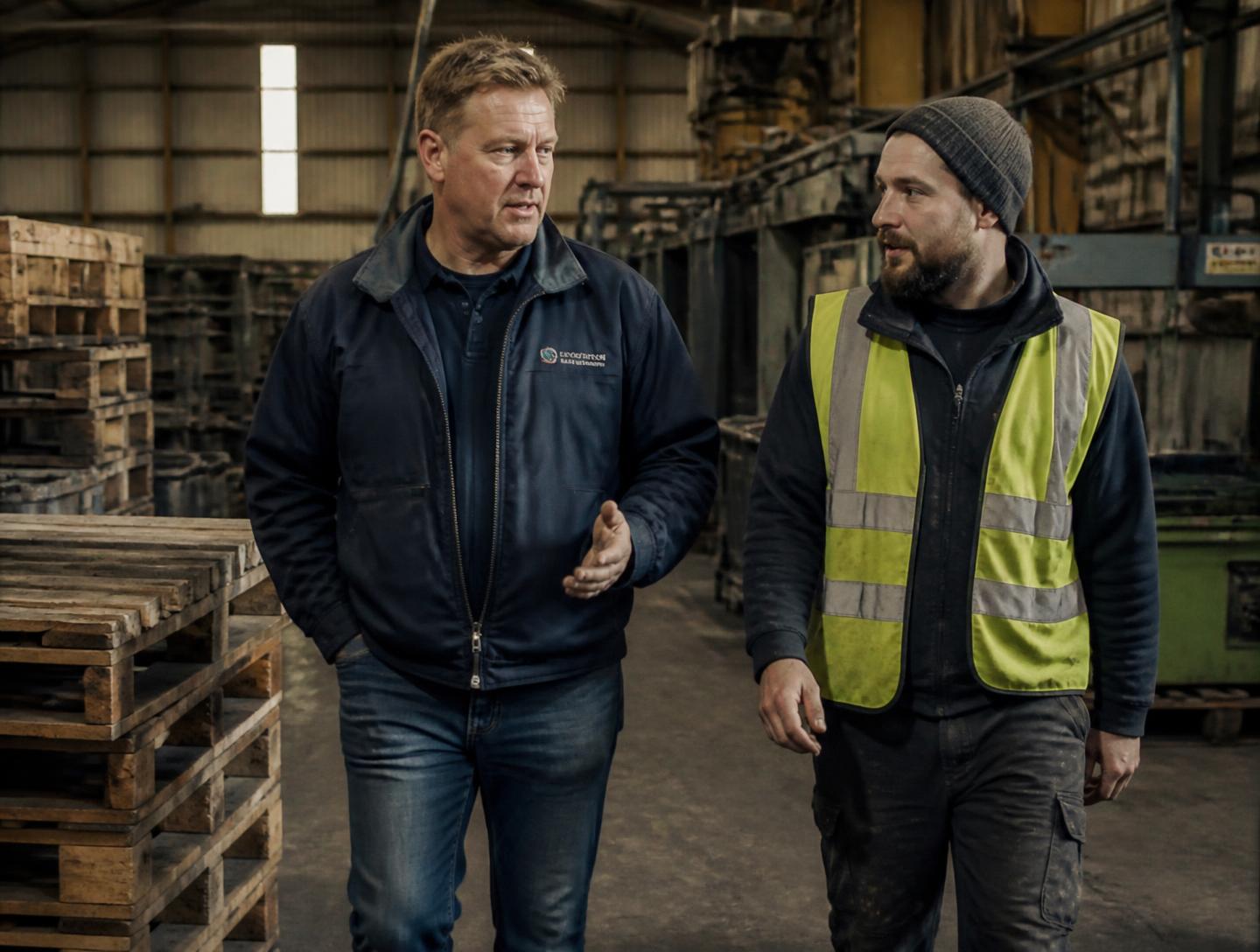 A business owner walking his plant floor with one of his employees