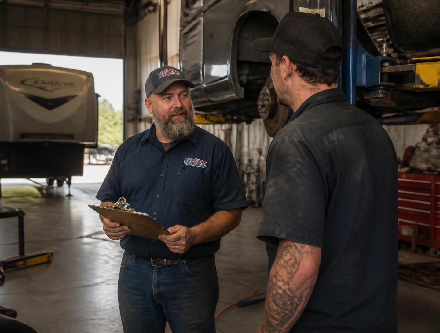 An owner of an automotive and RV service business talking with a technician in the shop